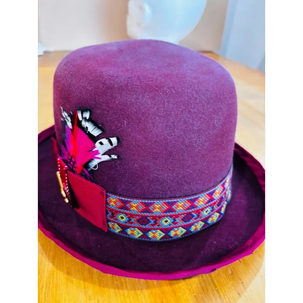 Handmade Burgundy Felt Fedora Hat Feather Key Accent Men’s Large